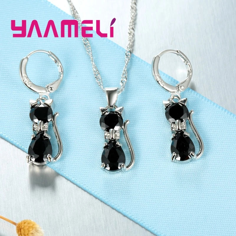 Silver Crystal Cat Jewelry Set