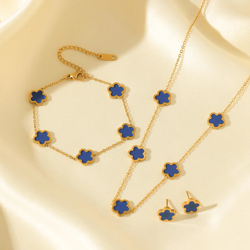 Black Flower Clover Jewelry Set Necklace Bracelet Earrings for Women