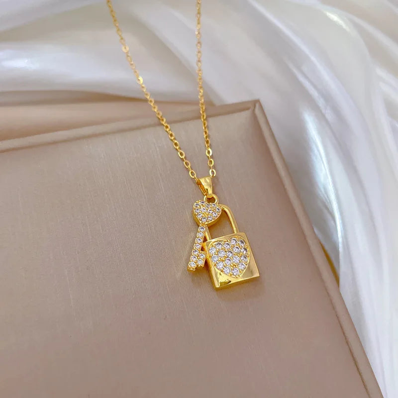 Romantic Heart Lock Zircon Necklace