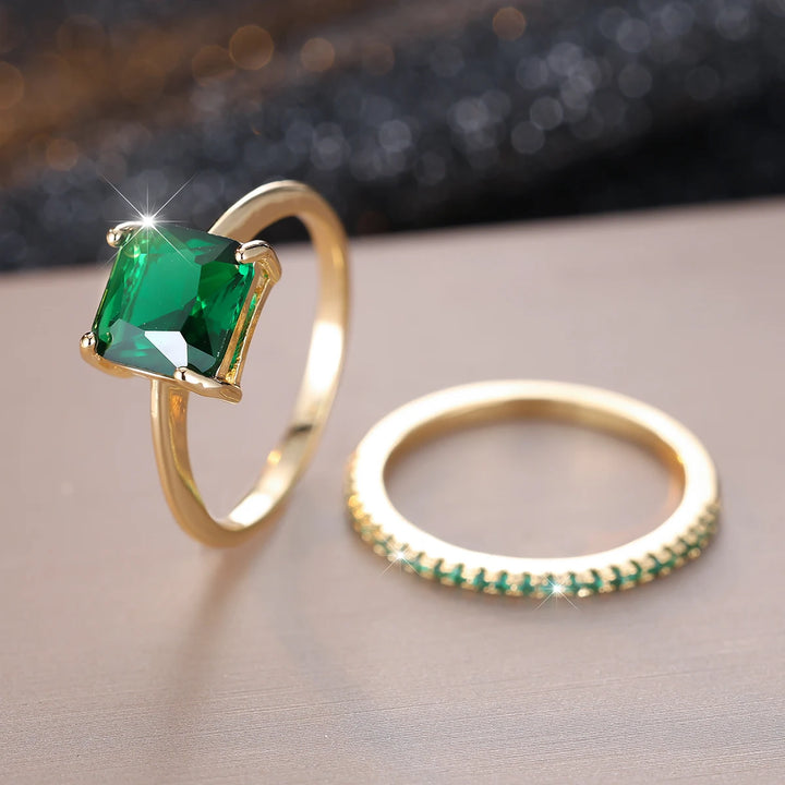 Princess Cut Red Green Zircon Bridal Wedding Ring Set for Women