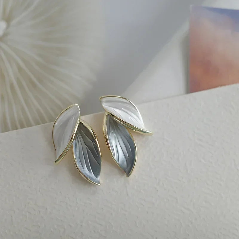 Trendy Grey Leaf Stud Earrings