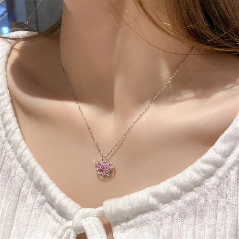 Pink Planet Heart Necklace