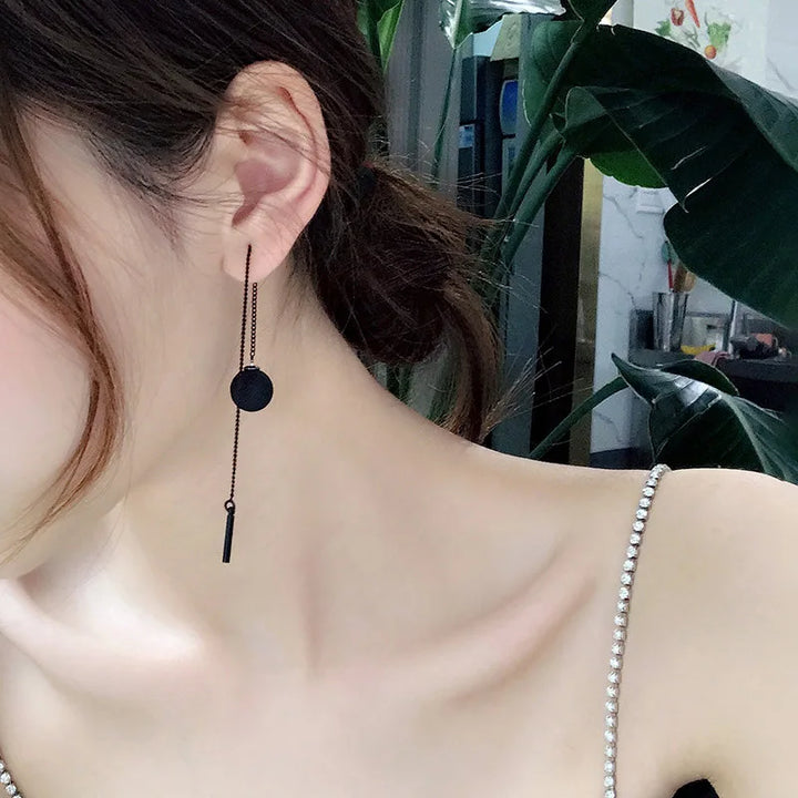 Black Matte Ball Pendant Tassel Earrings for Women