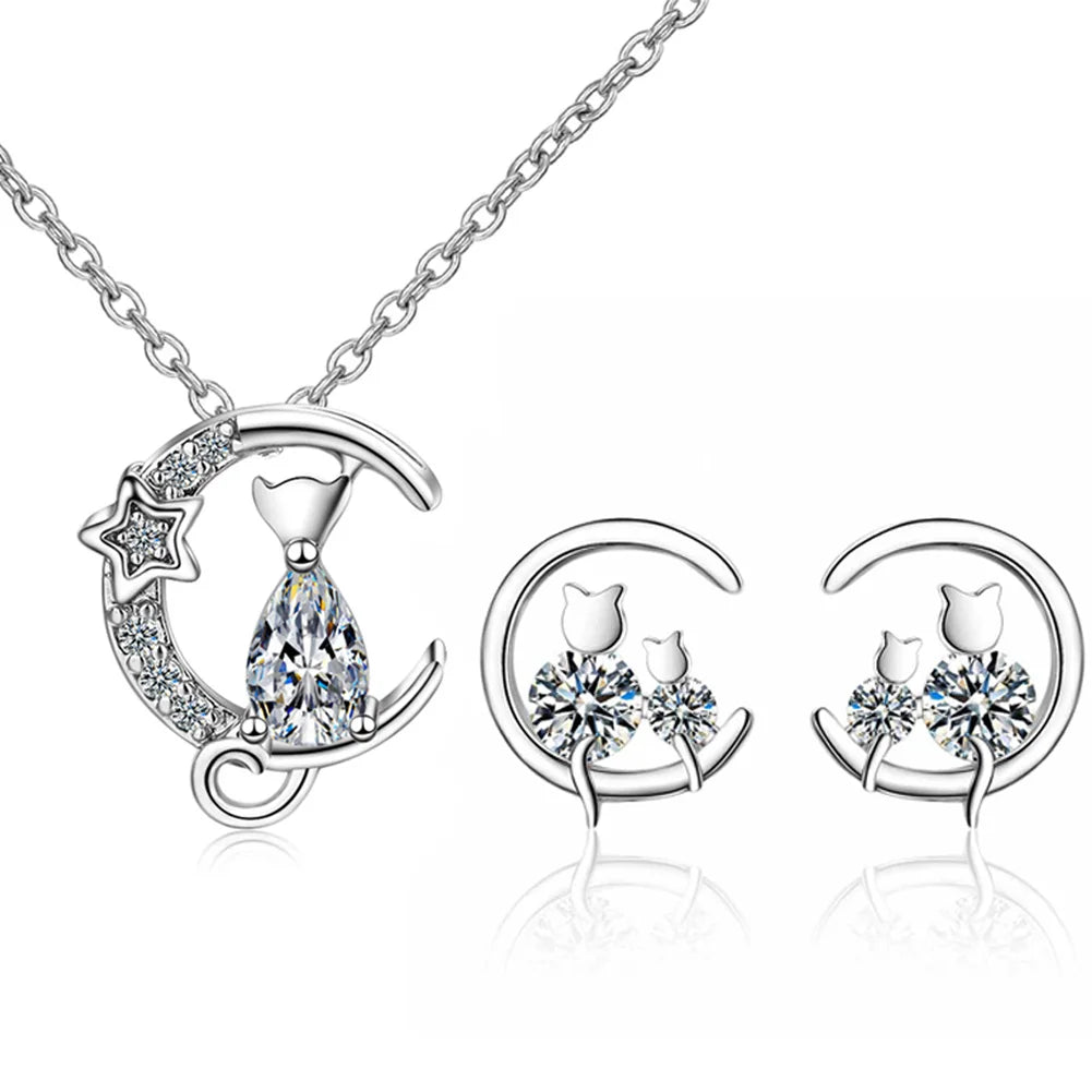 Silver Moon Cat Jewelry Set