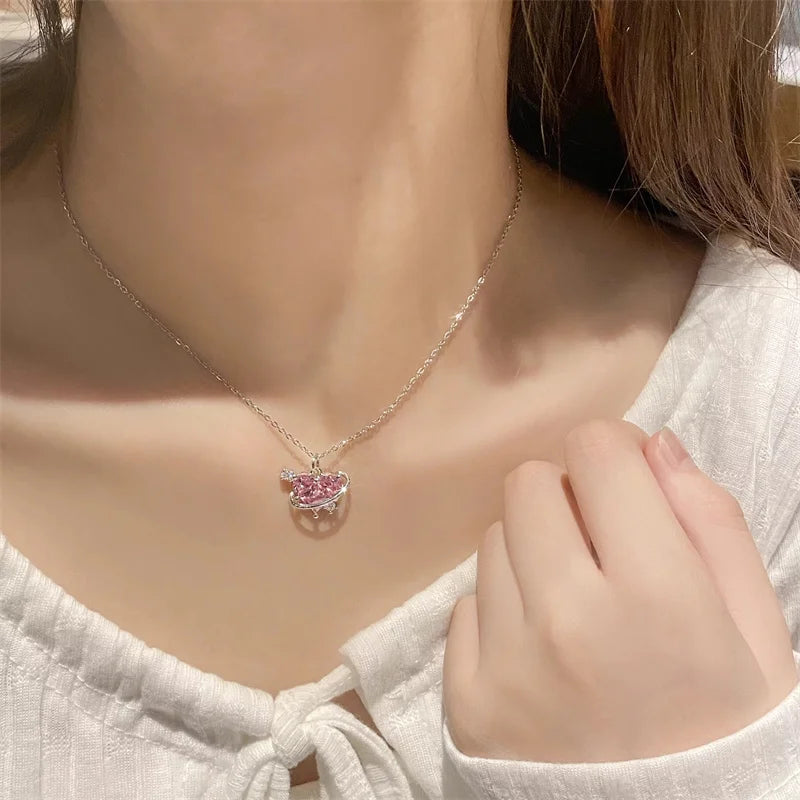 Pink Planet Heart Necklace