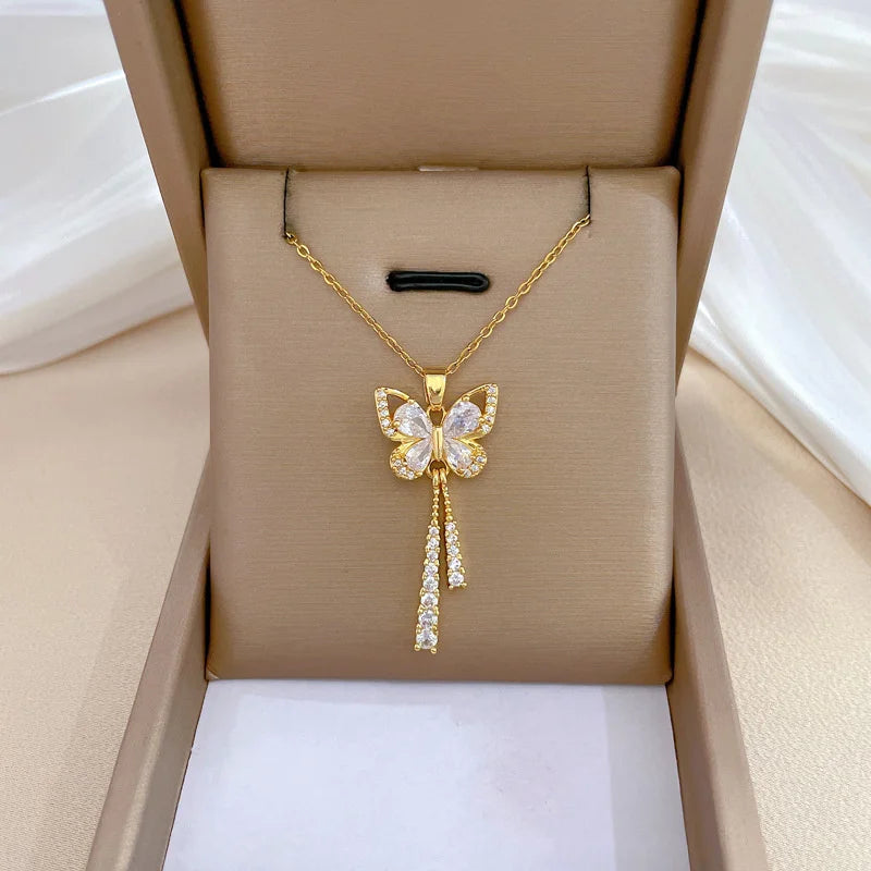 Exquisite Zircon Butterfly Tassel Necklace