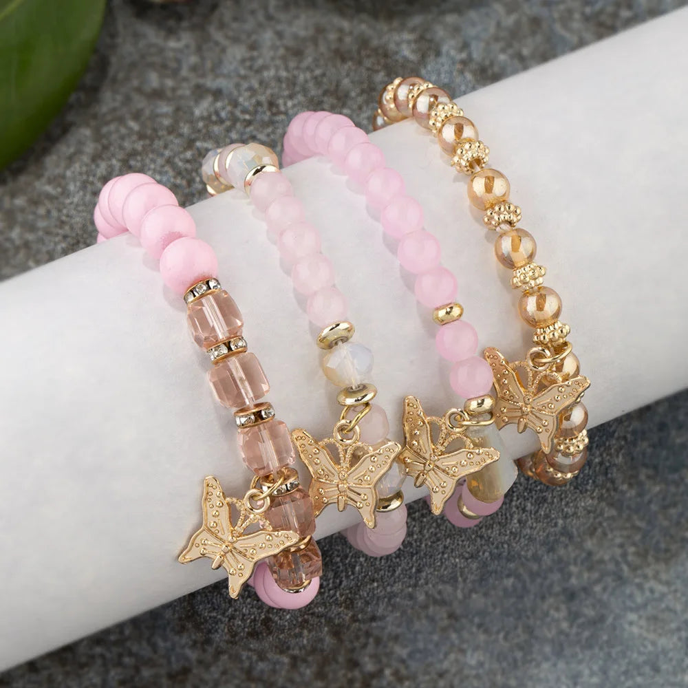 Trendy Pink Butterfly Bracelet Set