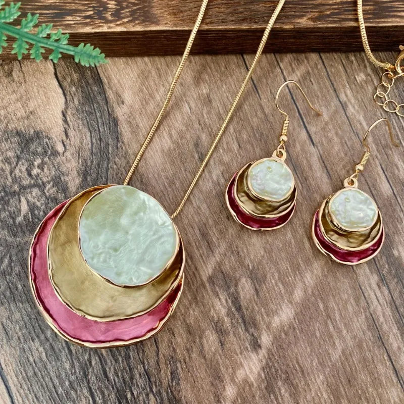 Vintage Layered Earring Necklace Set with Circular Pendants