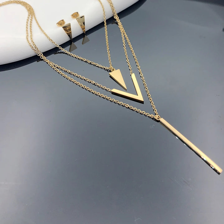 3-Piece Women's Stainless Steel V-Shaped Pendant Jewelry Set