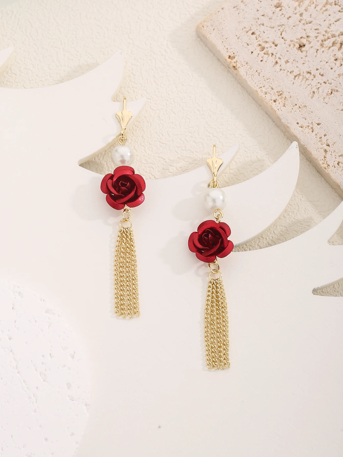 Red Rose Pearl Tassel Earrings