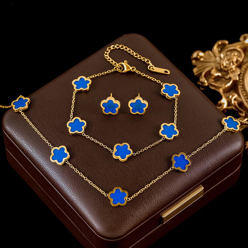 Black Flower Clover Jewelry Set Necklace Bracelet Earrings for Women