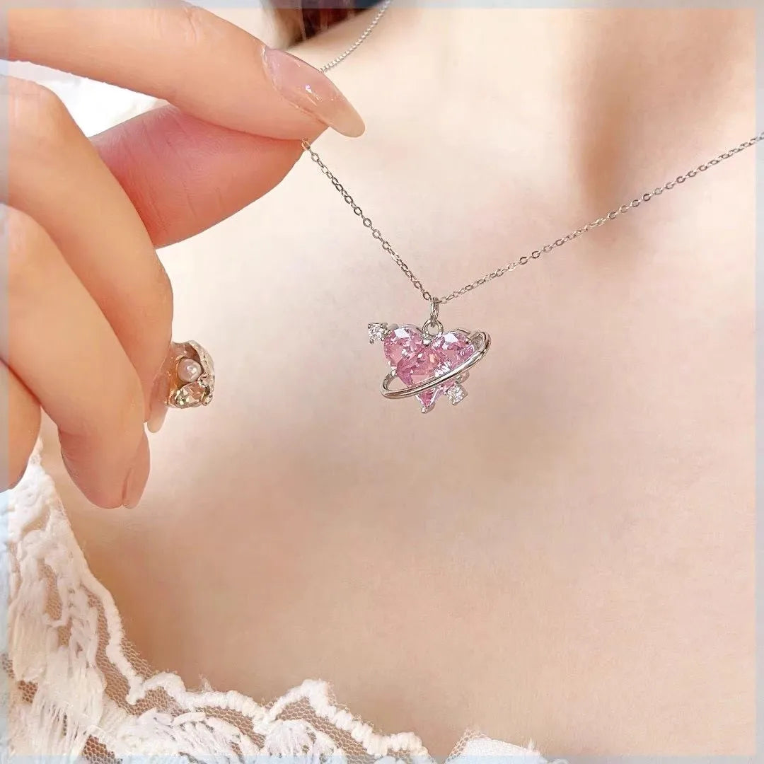 Pink Planet Heart Necklace