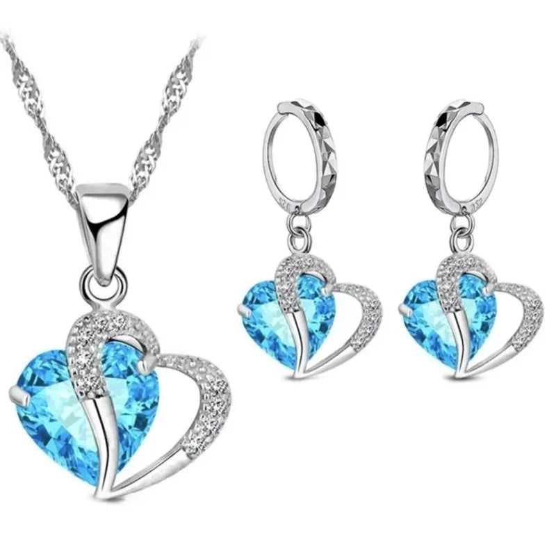 Silver Zircon Heart Jewelry Set