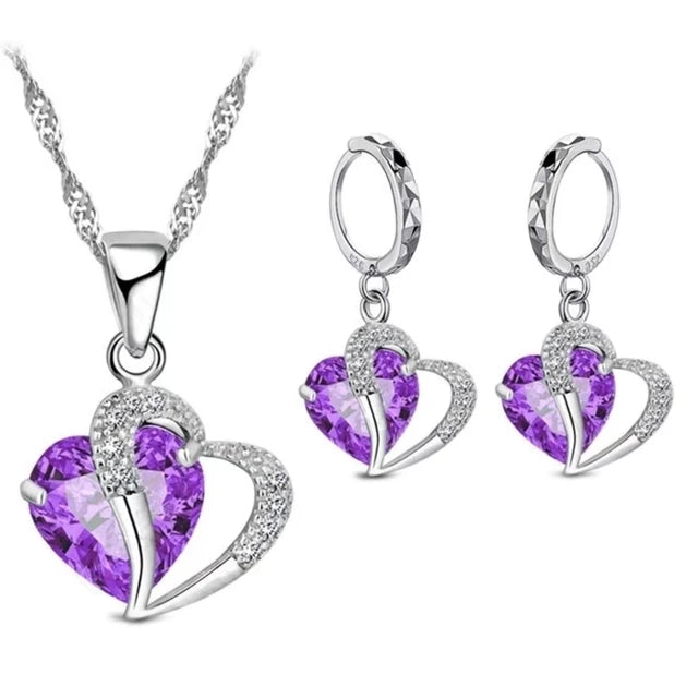 Silver Zircon Heart Jewelry Set