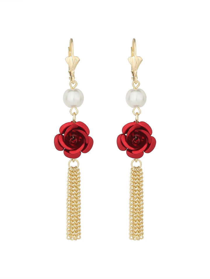 Red Rose Pearl Tassel Earrings