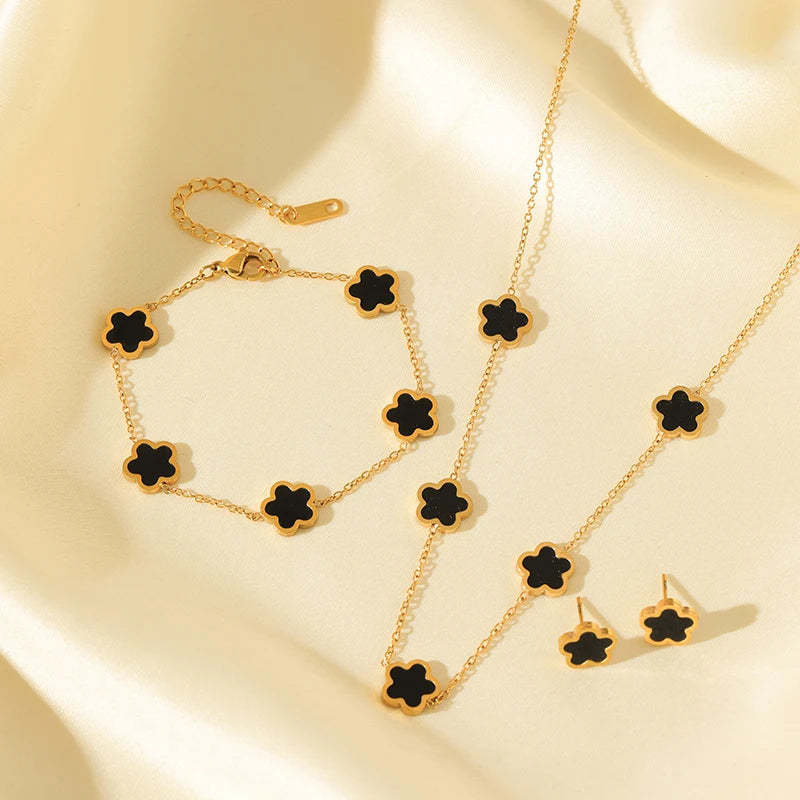 Black Flower Clover Jewelry Set Necklace Bracelet Earrings for Women