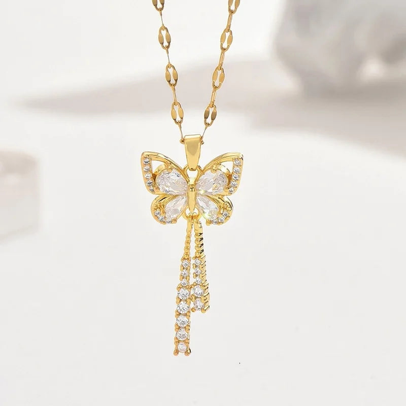 Zircon Titanium Steel Butterfly Necklace