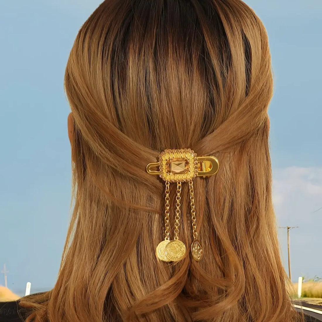 Gold Geometric Crystal Tassel Hair Clip