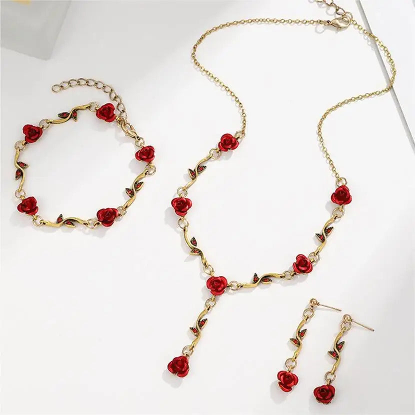 Vintage Red Rose Necklace and Earring Jewelry Set