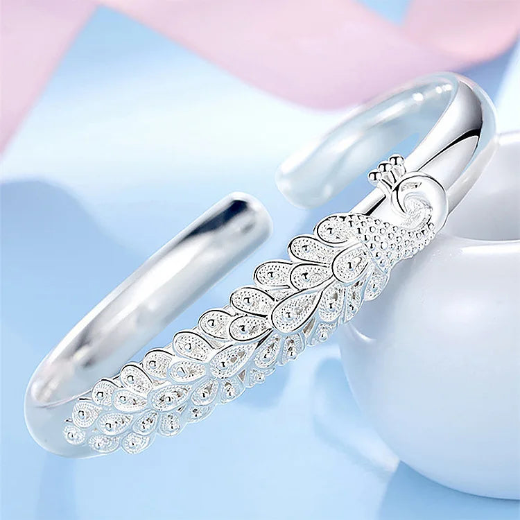 Silver Peacock Open Bangle