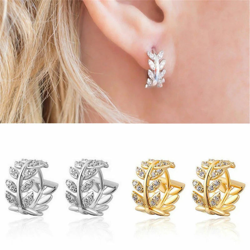 Shiny CZ Leaf Hoop Earrings