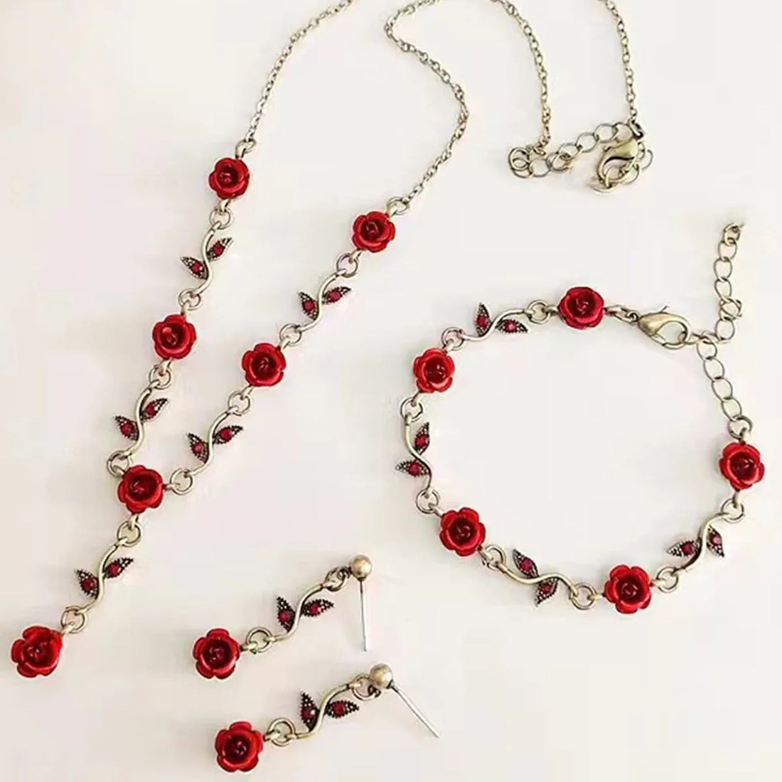 Vintage Red Rose Necklace and Earring Jewelry Set