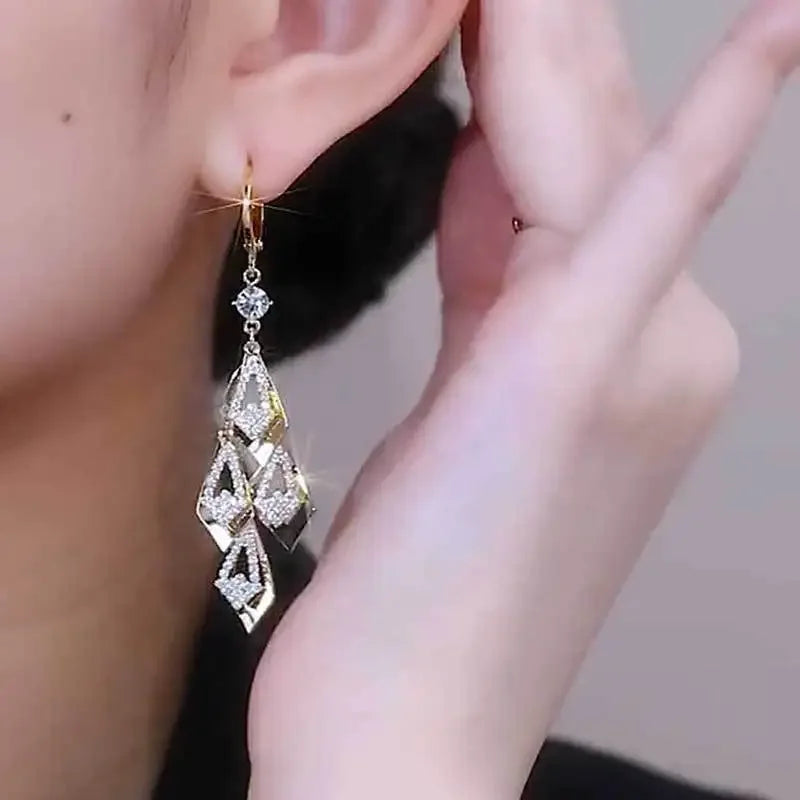 Sparkling Rhombus Zircon Tassel Earrings