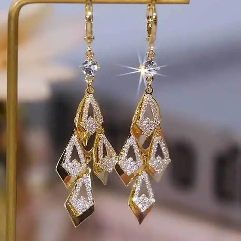 Sparkling Rhombus Zircon Tassel Earrings