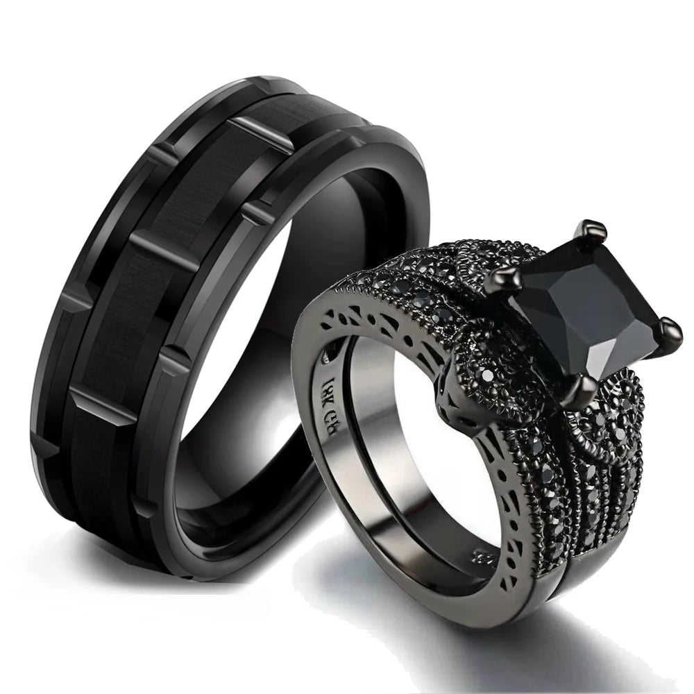 Couple Rings Set Black Rhinestone