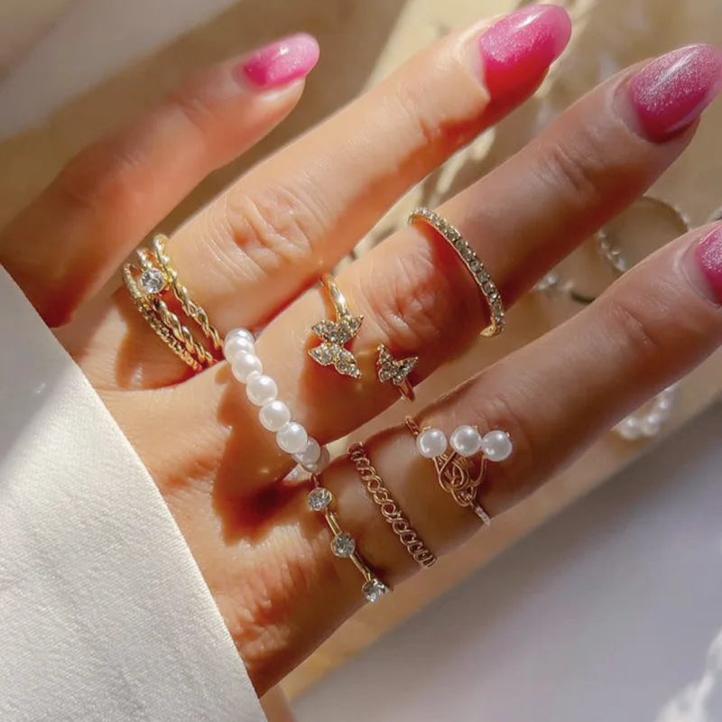 Bohemian Butterfly Pearl Rings Set