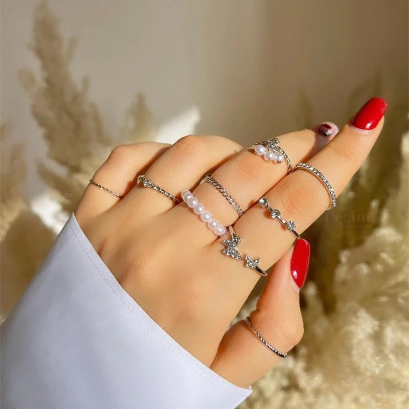 Bohemian Butterfly Pearl Rings Set