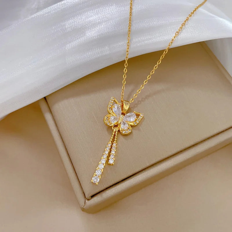 Exquisite Zircon Butterfly Tassel Necklace