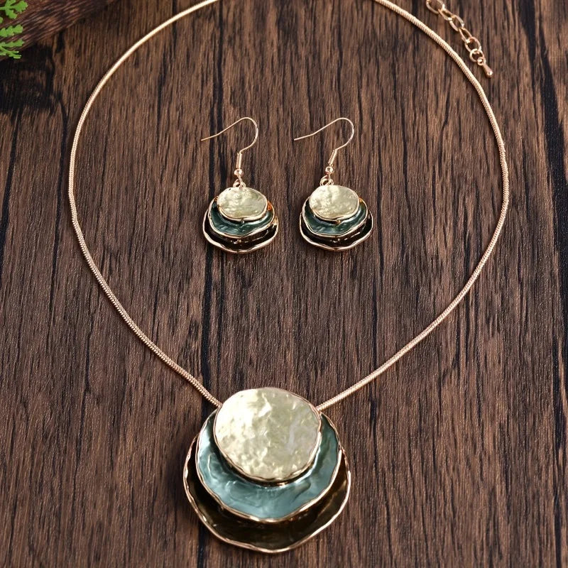Vintage Layered Earring Necklace Set with Circular Pendants