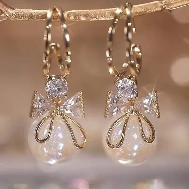 Zircon Bow Knot Pearl Earrings