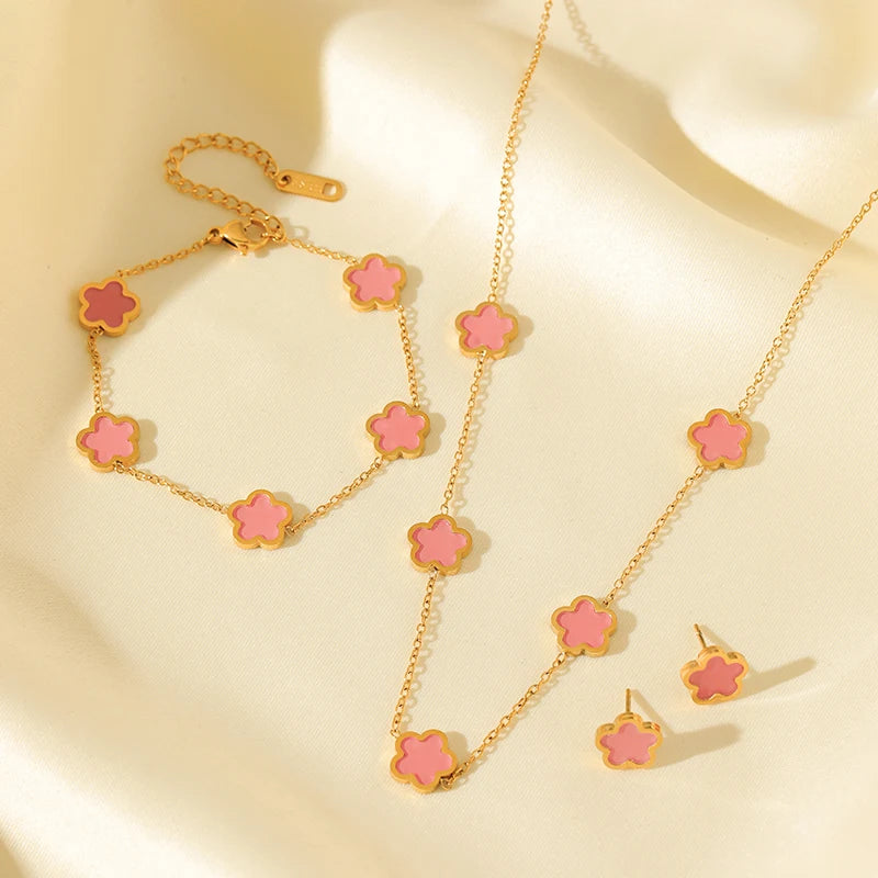 Black Flower Clover Jewelry Set Necklace Bracelet Earrings for Women