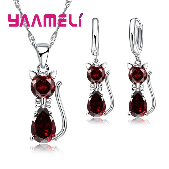 Silver Crystal Cat Jewelry Set