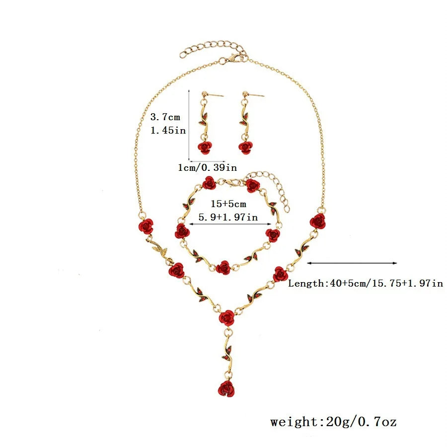 Vintage Red Rose Necklace and Earring Jewelry Set