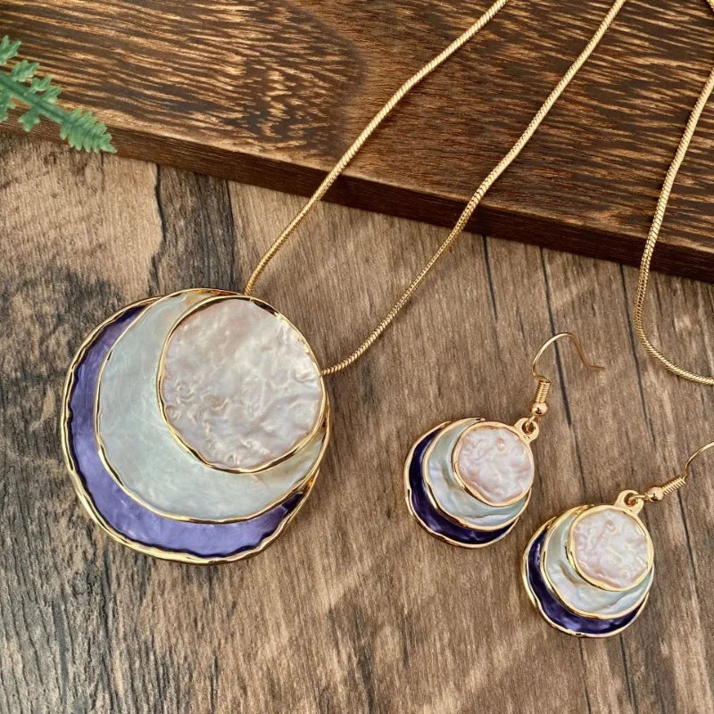 Vintage Layered Earring Necklace Set with Circular Pendants