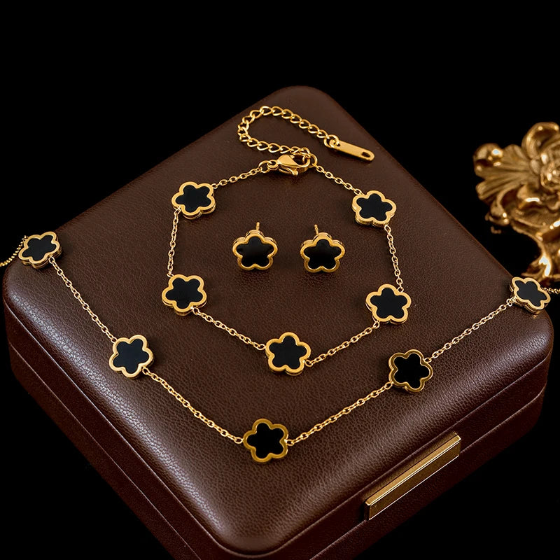 Black Flower Clover Jewelry Set Necklace Bracelet Earrings for Women